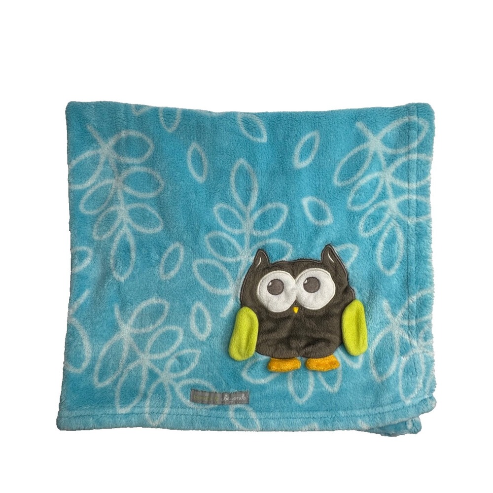 Blankets & Beyond Owl Blue Baby Blanket Fleece Brown Orange 28x30 Soft